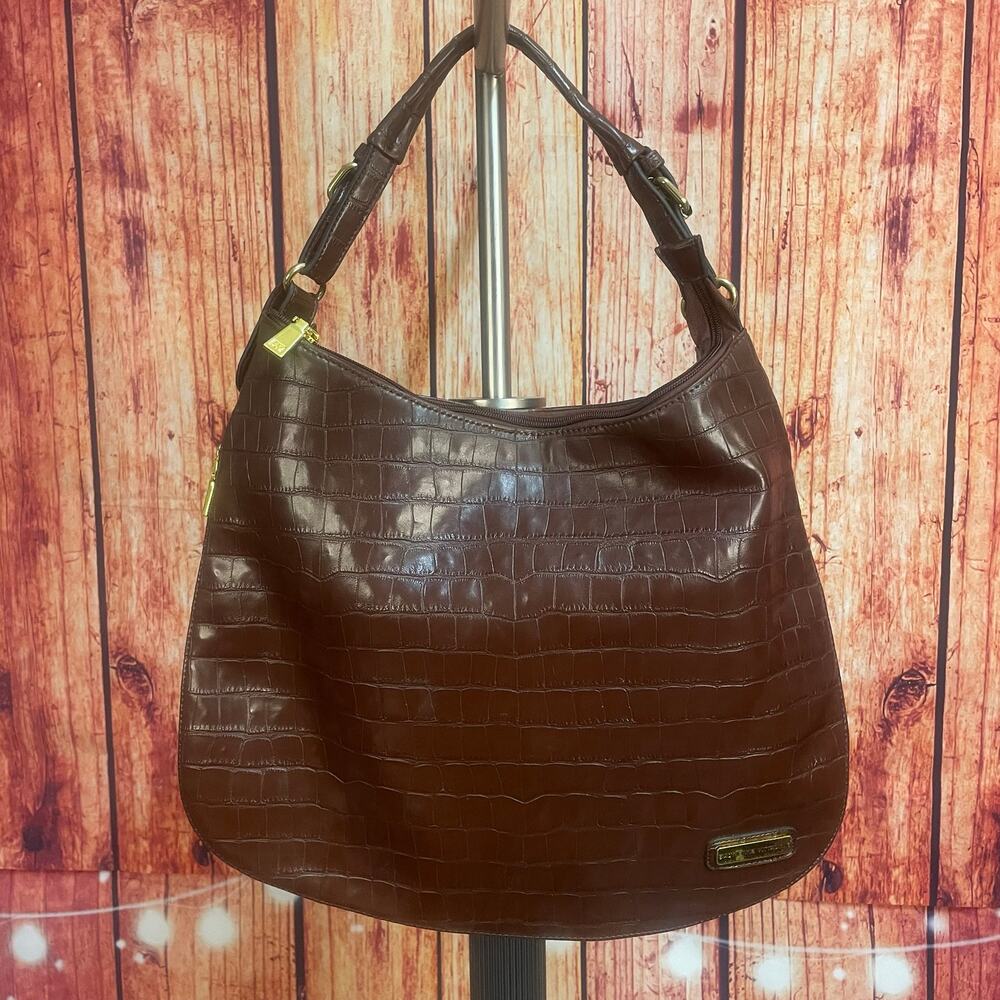 Adrienne Vittadini Croc Embossed Slouchy Sling Hobo Bag Brown Expandable Y2K